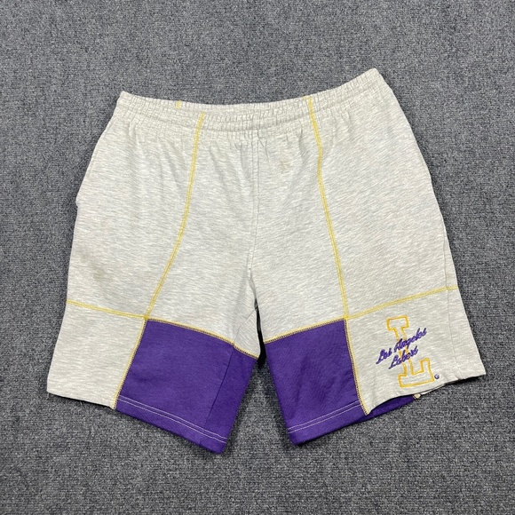 Vintage Starter Los Angeles Lakers Fleece Shorts Gray Purple Mens Large 0468 - Picture 1 of 12